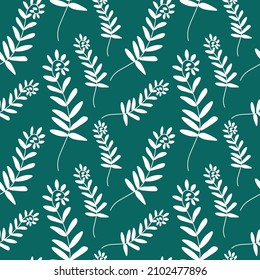 Patrón floral minimalista sin inconvenientes con línea blanca sobre fondo verde a la moda.Vector,festividad,impresión a mano repetida.Diseños para textil, tela, papel envolvente, empaque, papel de rayado.