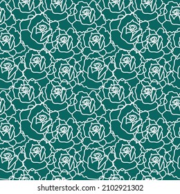 Patrón floral minimalista sin inconvenientes con línea blanca sobre fondo verde a la moda.Vector,festividad,impresión a mano repetida.Diseños para textil, tela, papel envolvente, empaque, papel de rayado.