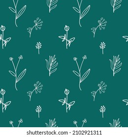 Nahtlose Minimalistische Blumenmuster mit weißer Linie auf trendigem grünem Hintergrund.Vektor,festlicher, sich wiederholender handgezeichneter Druck.Designs für Textilien, Gewebe, Umhüllungspapier, Verpackungen, Schrapbuchpapier.