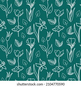 Seamless Minimalistic Floral pattern with white line on trendy green background.Vector,festive,repeating hand drawn print.Designs for textile, fabric, wrapping paper, packaging, scrapbook paper.