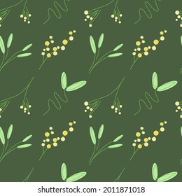 Seamless minimalistic floral pattern of yellow mimosa flowers and green bamboo branches with leaves and grass on deep green background vector illustration for fabric textile
