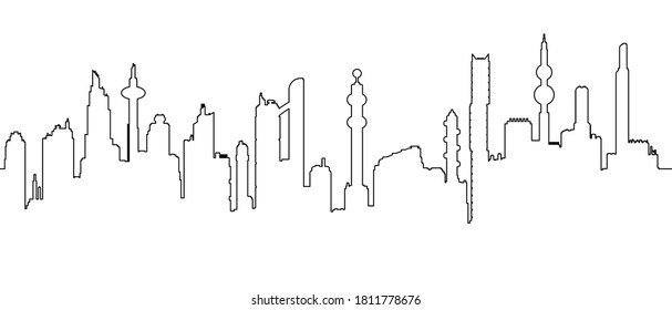 Seamless minimalistic horizontal vector illustration with  futuristic cityscape silhouette. Simple one line style black outline on white background.