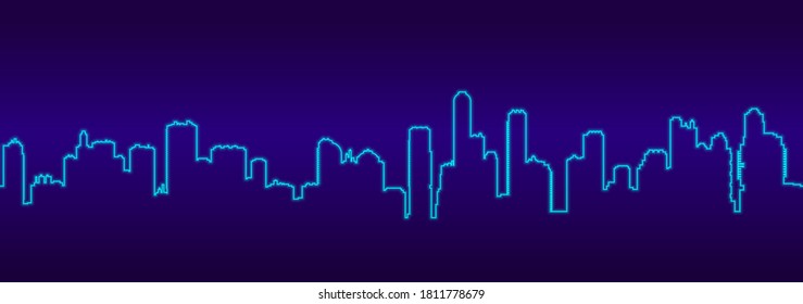 Seamless minimalistic horizontal vector illustration with cityscape silhouette. Simple one line style glowing neon outline on dark blue background.