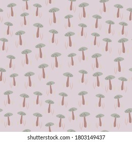 Nahtlose minimalistische Naturmuster mit Pilzverzierungen. Leichter Hintergrund mit kleinen Pilzelementen. Entworfen für Tapete, Textilien, Wickelpapier, Stoffdruck. Vektorgrafik.