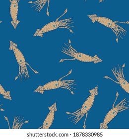 Seamless minimalistic pattern with beige squid ornament. Blue bright background. Nature print. Decorative backdrop for fabric design, textile print, wrapping, cover. Vector illustration.