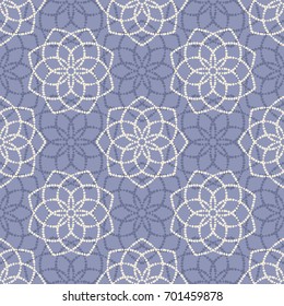 Seamless minimalistic pattern of circular ornate elements. Stylized stars tender texture. Abstract blue colored ornament. Dotted line pastel geometric wallpaper. Textile design. Vector illustration