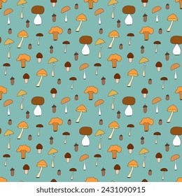 Seamless minimalistic pattern with colored mushrooms in doodle style. Elements with black line. Natural texture. Changeable green background. Hand draw pattern with abstract mushrooms.