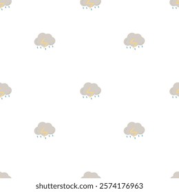 A seamless minimalistic pattern featuring thunder rain clouds evenly spaced on a clean white background