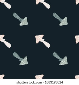 Seamless minimalistic pattern with fly agaric beige and blue shapes. Black background. Mushroom print. Designed for fabric design, textile print, wrapping, cover. Vector illustration.