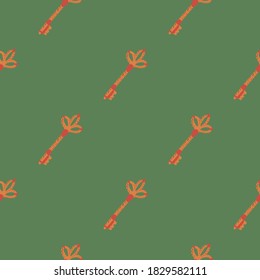 Seamless minimalistic pattern with key door simple shapes. Dark orange tones vintage elements on green background. Perfect for wallpaper, textile, wrapping paper, fabric print. Vector illustration.