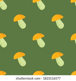 Seamless minimalistic pattern with orange mushrooms shapes. Green background. Boletus print design. Decorative backdrop for wallpaper, textile, wrapping paper, fabric print. Vector illustration.
