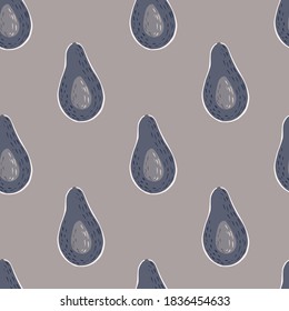 Seamless minimalistic pattern with purple pale avocado silhouettes. Pale pastel background. Natural food artwork. Designed for wallpaper, textile, wrapping paper, fabric print. Vector illustration.