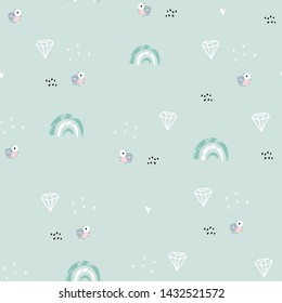 Seamless minimalistic pattern with rainbows, diamonds, flowers. Creative childish background. Perfect for kids apparel,fabric, textile, nursery decoration,wrapping paper.Vector Illustration