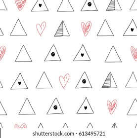 Seamless minimalistic pattern with triangles and hearts. Vector abstract drawn background.