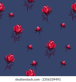 Seamless minimalistic pattern with vector hand draw rosie. Red cute rosie on a black  blue background. Template for textile, fashion, print, surface design, paper, cover, fabric, interior decor