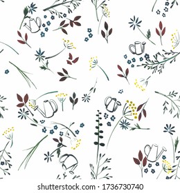 Seamless minimalistic pattern of watering can, yellow and red flowers, plants and leaves on a white background.