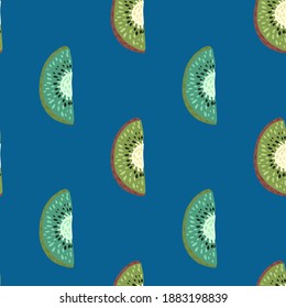 Seamless minimalistic style pattern with green and blue colored kiwi ornament. Navy blue background. Designed for fabric design, textile print, wrapping, cover. Vector illustration.