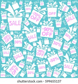 Seamless mint background with lots of discounts. Gift boxes seamless pattern. Vector Illustration