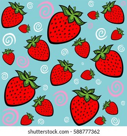 Seamless mint background with red strawberries. Vector illustration