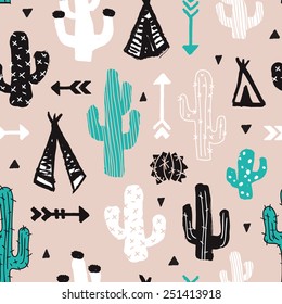 Seamless mint cacti illustration indian summer adventure teepee tent camping trip theme background pattern in vector