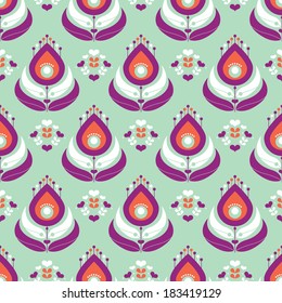 Seamless mint and coral colored peacock feather design illustration background pattern in vector 