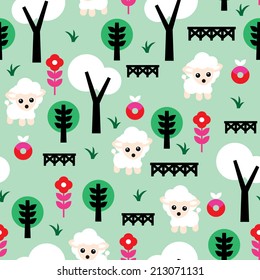 Campo de menta sin soldadura con oveja y flor de flores niños modelo de fondo de ilustración agrícola en vector