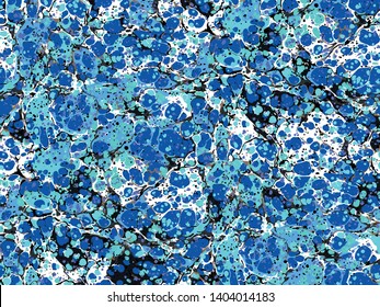 Seamless mint green and classic blue marbling pattern vector. Traditional Turkish Ebru technique
