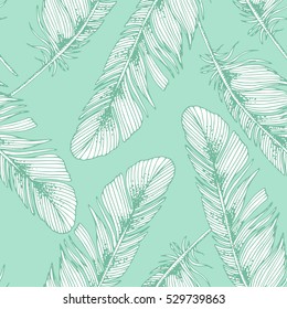 Seamless mint green pattern with feathers. Hand drawn. Vector illustration