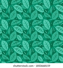 Seamless Mint Leaves Pattern, Textured Mint Leaves .Turquoise Emerald Color Vector Illustration