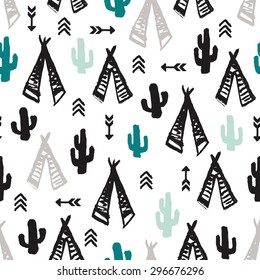 Fábrica de menta sin soldadura y cactus de té ilustración india verano aventura tepee tienda camping patrón de fondo de viaje en vectores