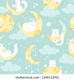 Seamless mint vector pattern, cute white cat sleeping on a moon