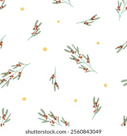 Seamless mistletoe pattern. Seasonal red berry branches, winter leaf plant, natural background. Endless repeating print for Christmas wrapping, fabric, textile design. Flat vector illustration