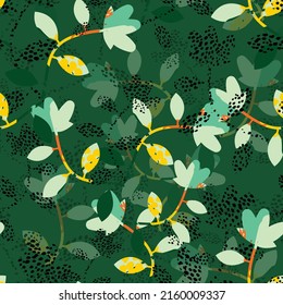 seamless mixed abstract leafs and flower  pattern on green background , greeting card or fabric