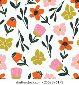 seamless mixed cute flowers pattern on white background