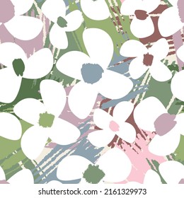 seamless  mixed cute hand drawn white flowers pattern background , greeting card or fabric