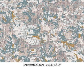 Seamless mixed media collage design in old aged worn. Floral leaf design overlaid, mottled with geometric texture distressed on fabric texture. Seamless repeat vector pattern 