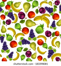 Seamless mixed organic ripe fruits pattern background with apple plum peach grapes pear and banana hand drawn sketch vector illustration