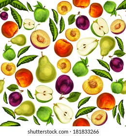 Seamless mixed ripe juicy sliced fruits pattern background with apple plum peach and pear hand drawn sketch vector illustration