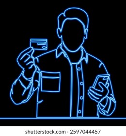 Seamless Mobile Payment. Man Showcases a Credit Card While Holding a Smartphone icon neon glow vector illustration concept