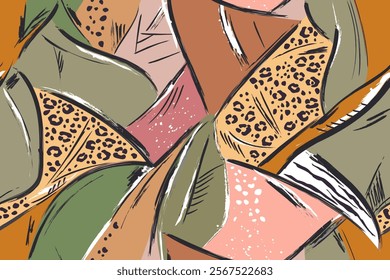 Seamless modern abstract art pattern. Collage creative drawing set shapes, leopard spots, brush strokes of earthy natural boho colors. Fashionable print for design of fabrics, wallpapers, covers.