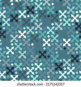 Seamless modern abstract geometric pattern with arrow crosses. Pastel teal blue colored modern regularly repeating geometrical background