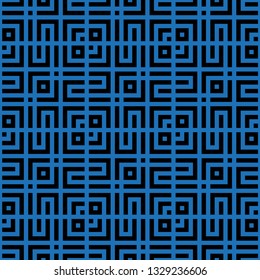 Seamless modern abstract geometrical pattern from blue and black figures. Illusion of a labyrinth. To apply on fabric, a background, packing, a card cover. Vector graphics.
