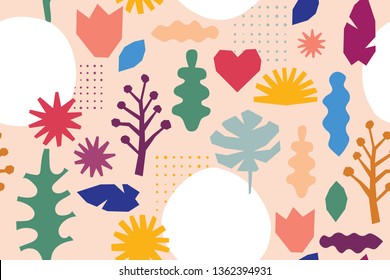 Seamless modern abstract pattern in a cartoon style. Geometric shapes, flowers and leaves on a pink background