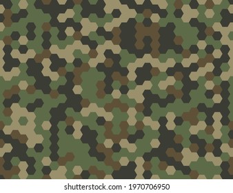 Seamless modern army camouflage hexagon pixel texture. Abstract vector futuristic camo hex background. Geometric tech pattern wrapping paper design illustration