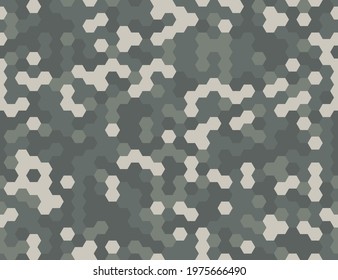 Seamless modern army camouflage hexagon gray pixel texture. Abstract vector futuristic camo hex background. Geometric tech pattern wrapping paper design illustration