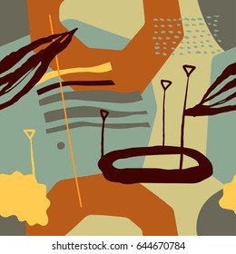The seamless modern art  pattern with shapes, lines, spots, imprints, dots and design elements. Hand drawn background for your package design.Textile, blog decoration, banner, poster, wrapping paper.