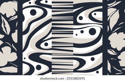 Fundo artístico moderno contínuo da colagem vertical de padrões. Conjunto criativo de desenhos botânicos e geométricos em branco preto bege. Impressão na moda para design de tecido, papel de parede, capas.