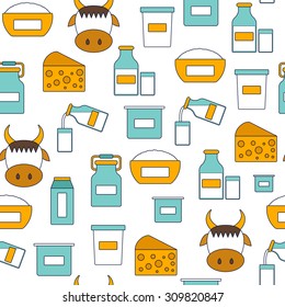 Seamless modern background with flat products containing lactose: milk bottle, glass, cheese, cottage, cream, yogurt, cow. You can use it for your fresh milk design and lactose intolerance or vegan