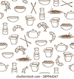 Seamless modern background with hand drawn cartoon objects on chinese food theme: rice, teapot, chinese pasta, soy sauce, soup, chinese sticks, chinese dumpling, shrimp. Vector ethnic chinese cuisine