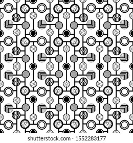 seamless modern black and white circles and lines pattern tile. decorated circles in cool design for textile, fabric, print, paper, backgrounds, wallpapers and creative surfaces. 